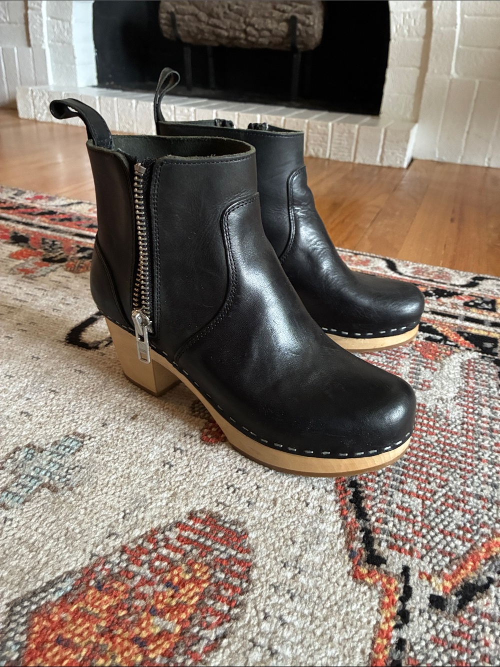 Swedish Hasbeens Black Leather Zip Clog Booties with Natural Wood Heel